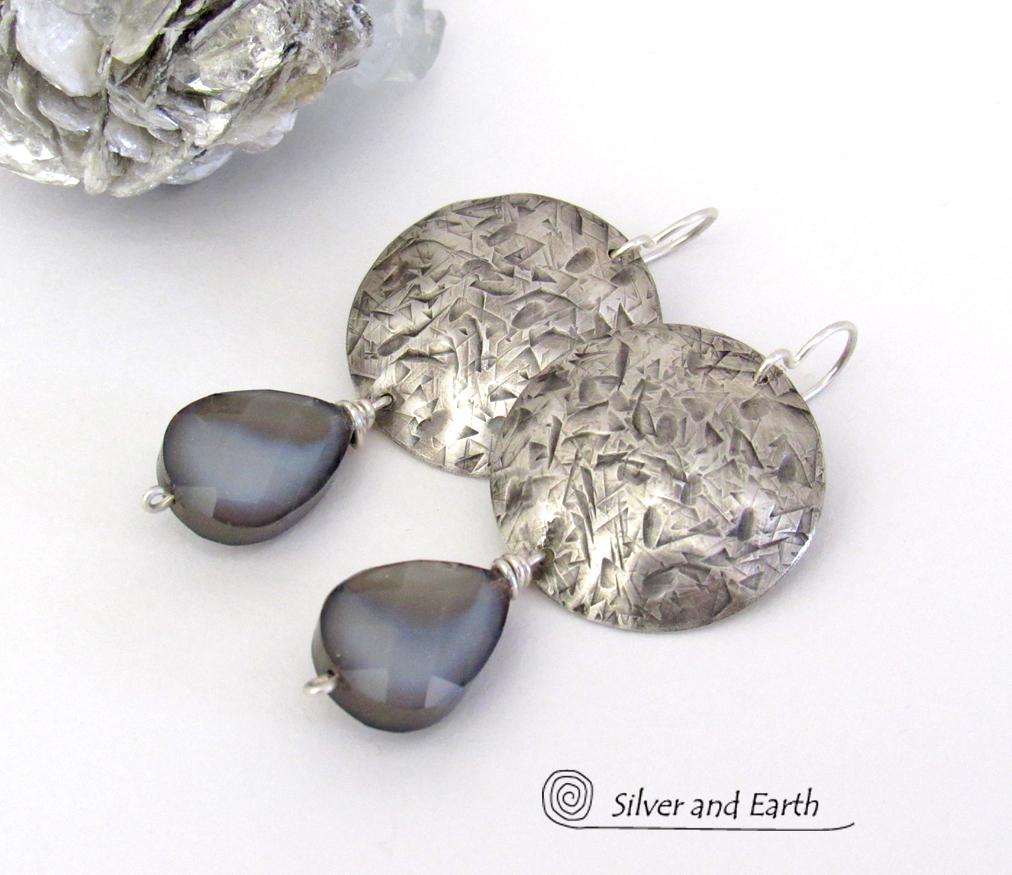 Sterling Silver Earrings with Faceted Gray Glass Crystal Dangles - Artisan Handmade Dressy Modern Jewelry