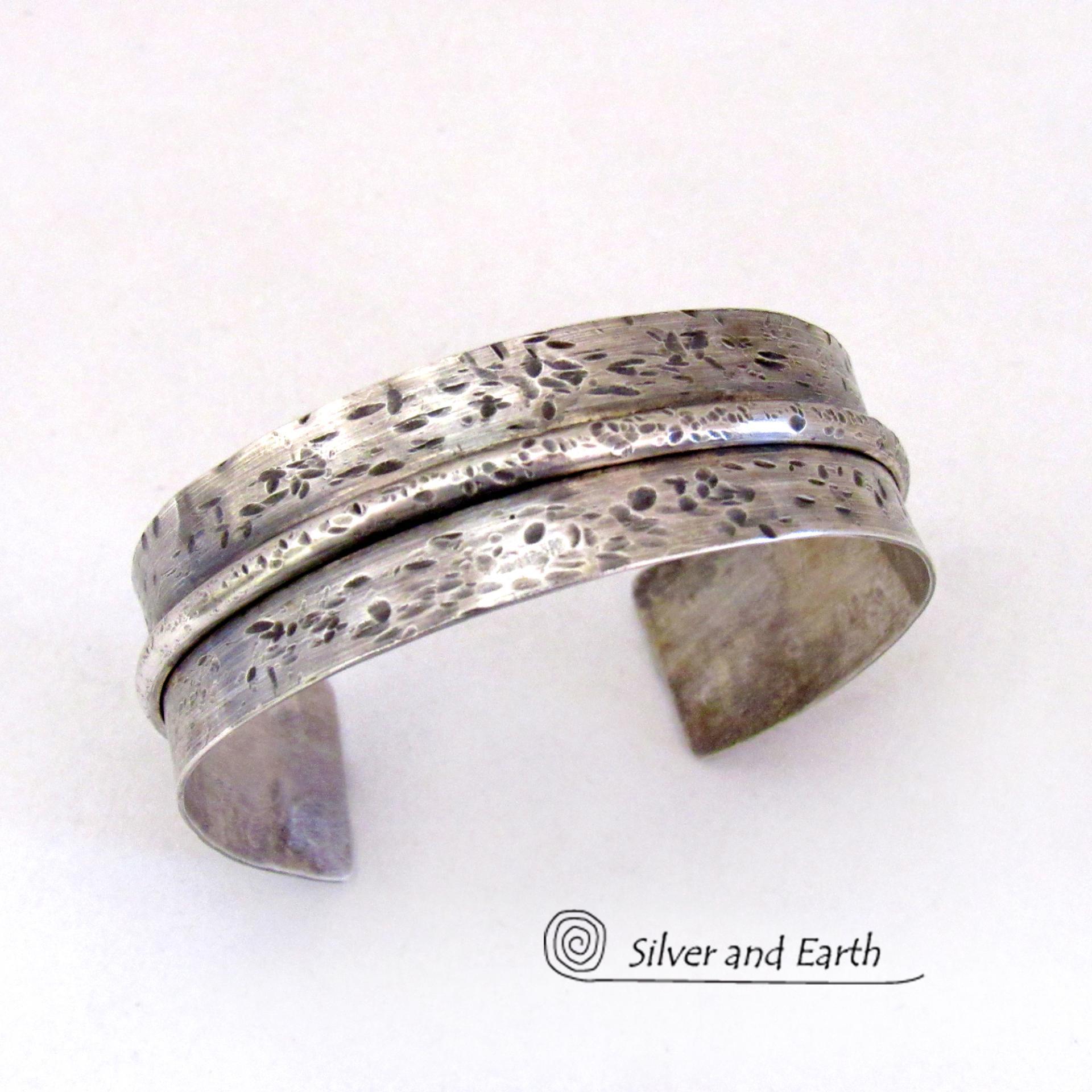 Hammered Sterling Silver Cuff Bracelet with Oxidized Rustic Earthy Organic Texture