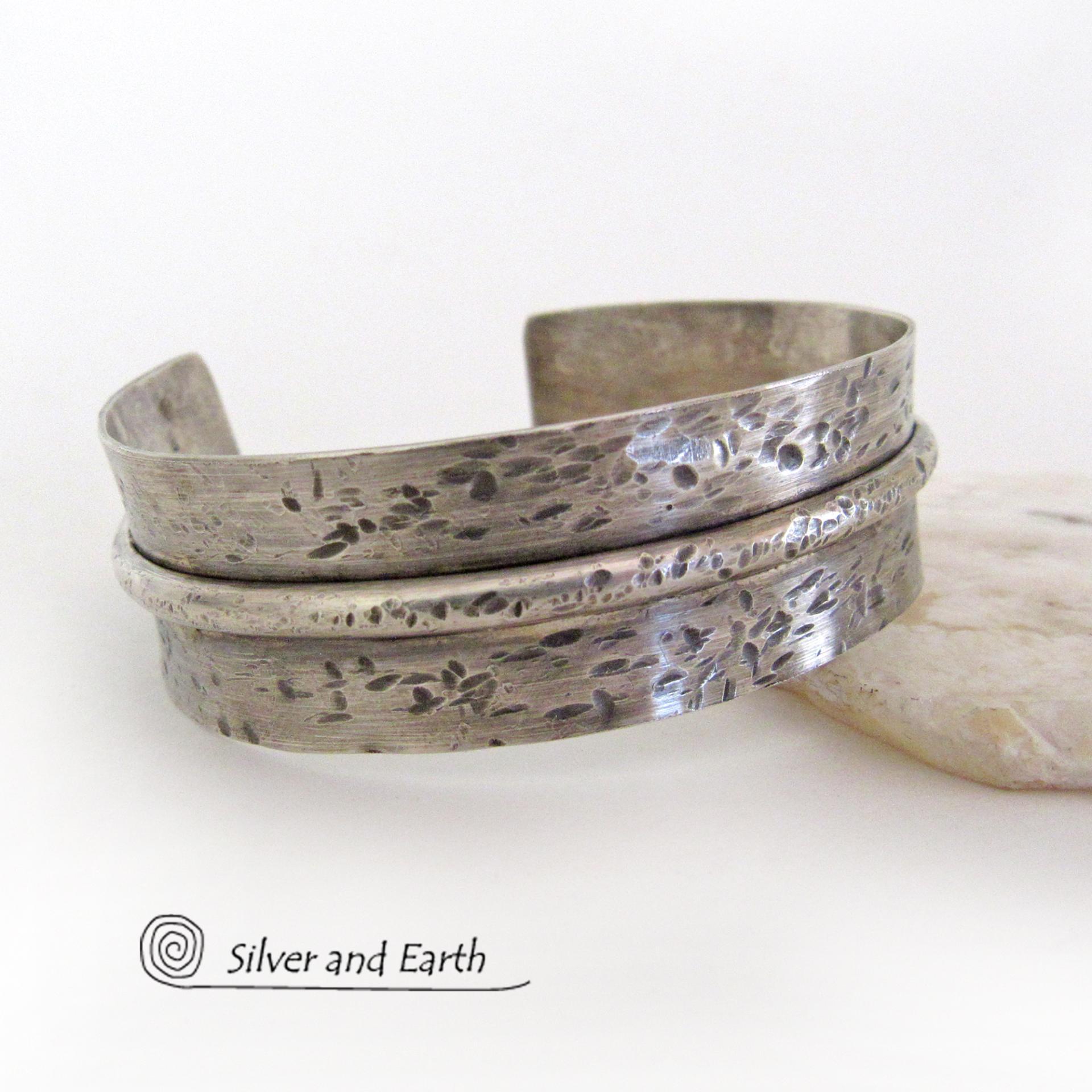 Hammered Sterling Silver Cuff Bracelet with Oxidized Rustic Earthy Organic Texture