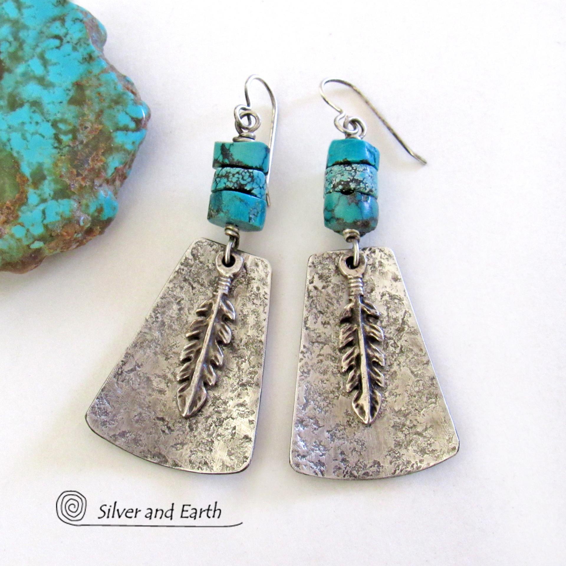 Sterling Silver Earrings with Turquoise and Feathers - Modern Southwest Style Jewelry