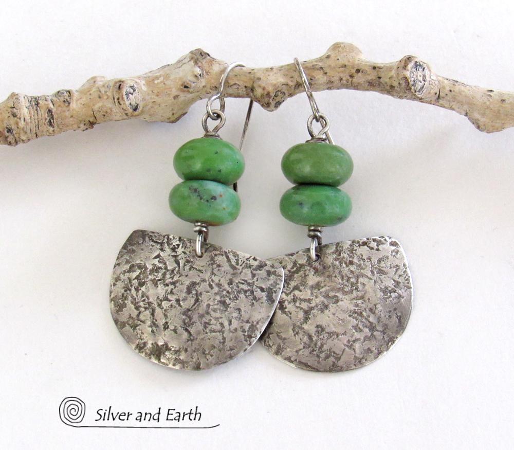 Rustic Hammered Sterling Silver Earrings with Earthy Natural Green Serpentine Stones 