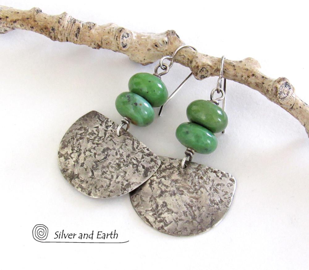 Rustic Hammered Sterling Silver Earrings with Earthy Natural Green Serpentine Stones 