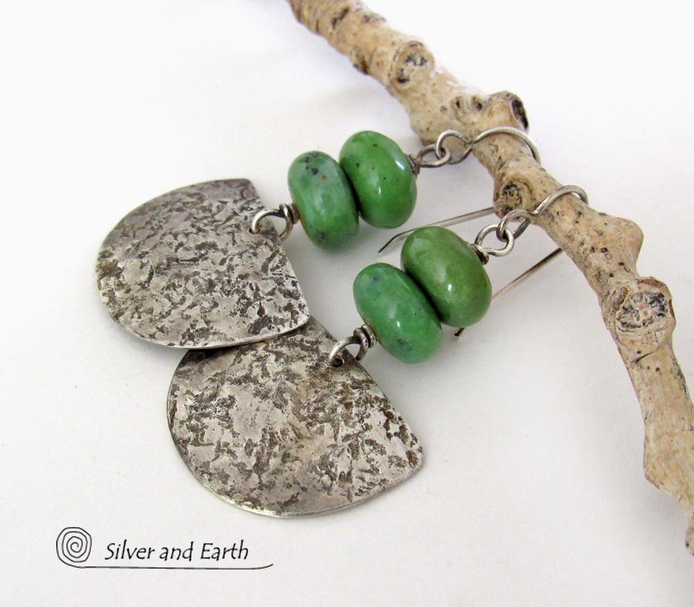 Rustic Hammered Sterling Silver Earrings with Earthy Natural Green Serpentine Stones 