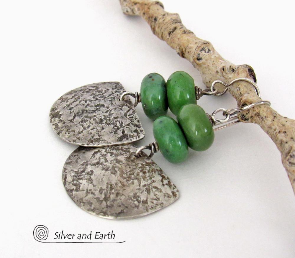 Rustic Hammered Sterling Silver Earrings with Earthy Natural Green Serpentine Stones 