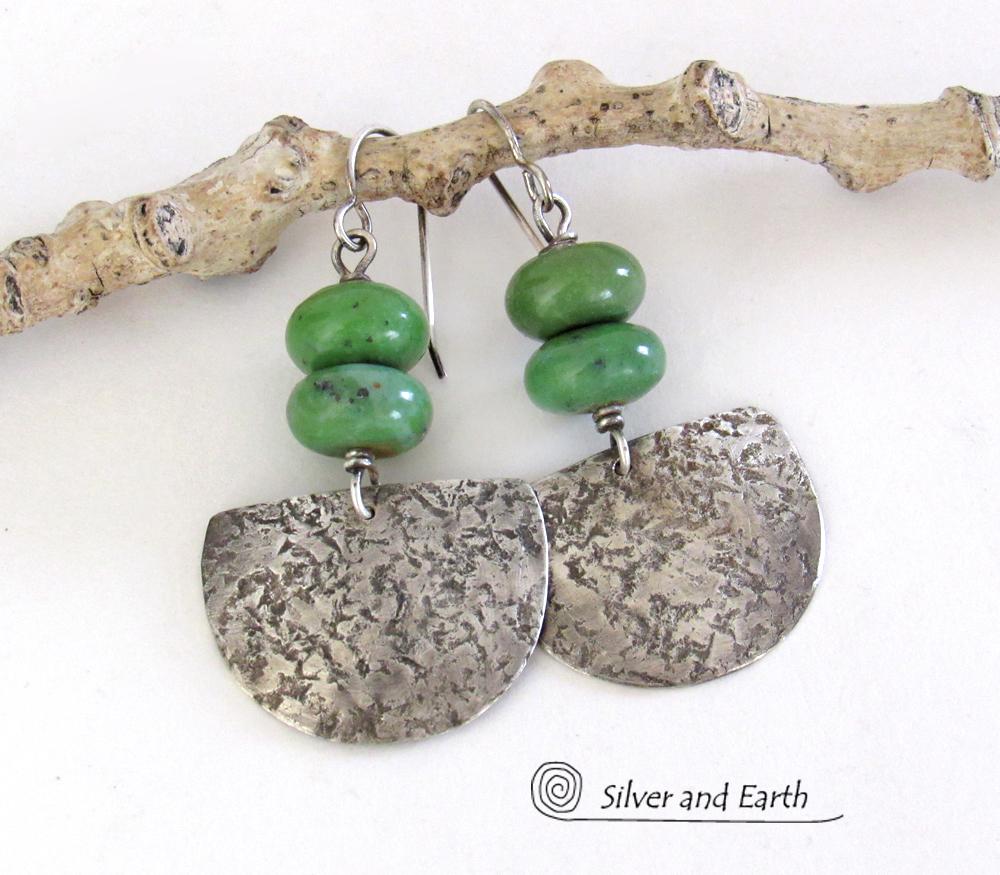 Rustic Hammered Sterling Silver Earrings with Earthy Natural Green Serpentine Stones 