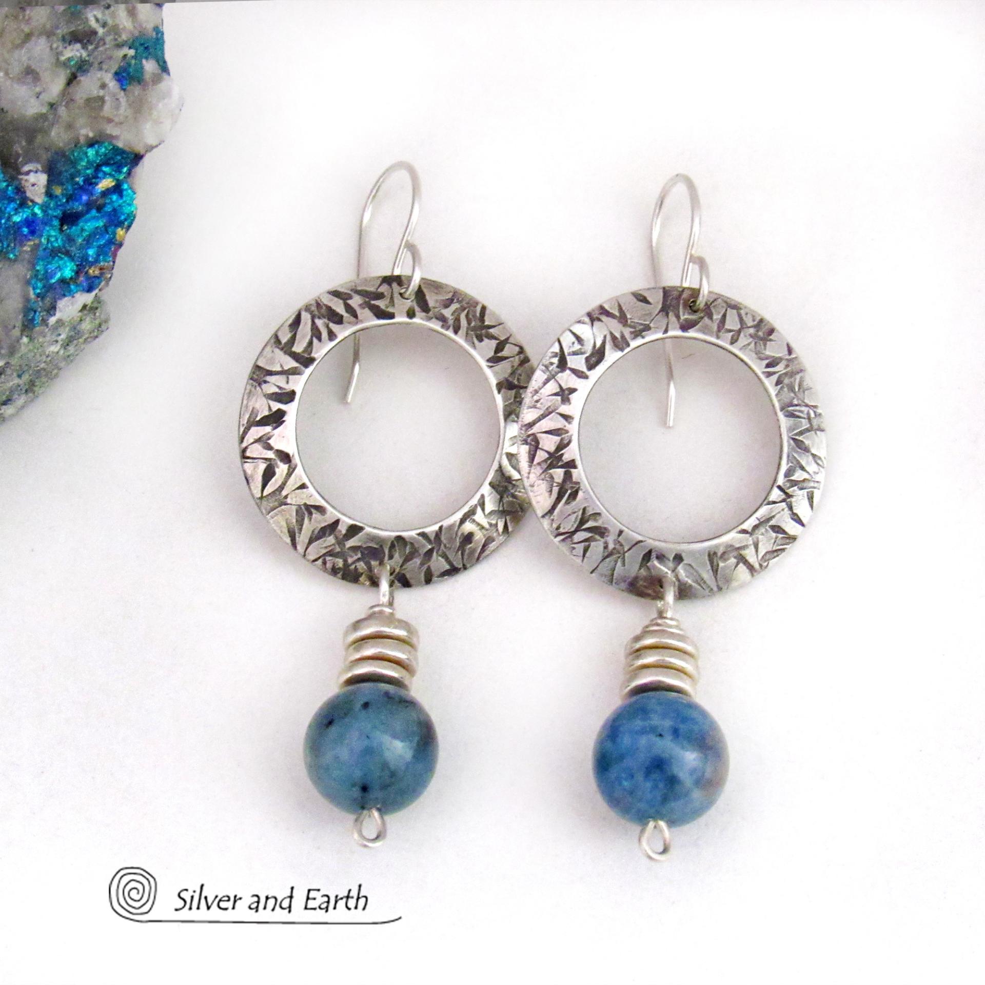 Sterling Silver Circle Hoop Earrings with Natural Blue Aquamarine Gemstones - March Birthstone Jewelry