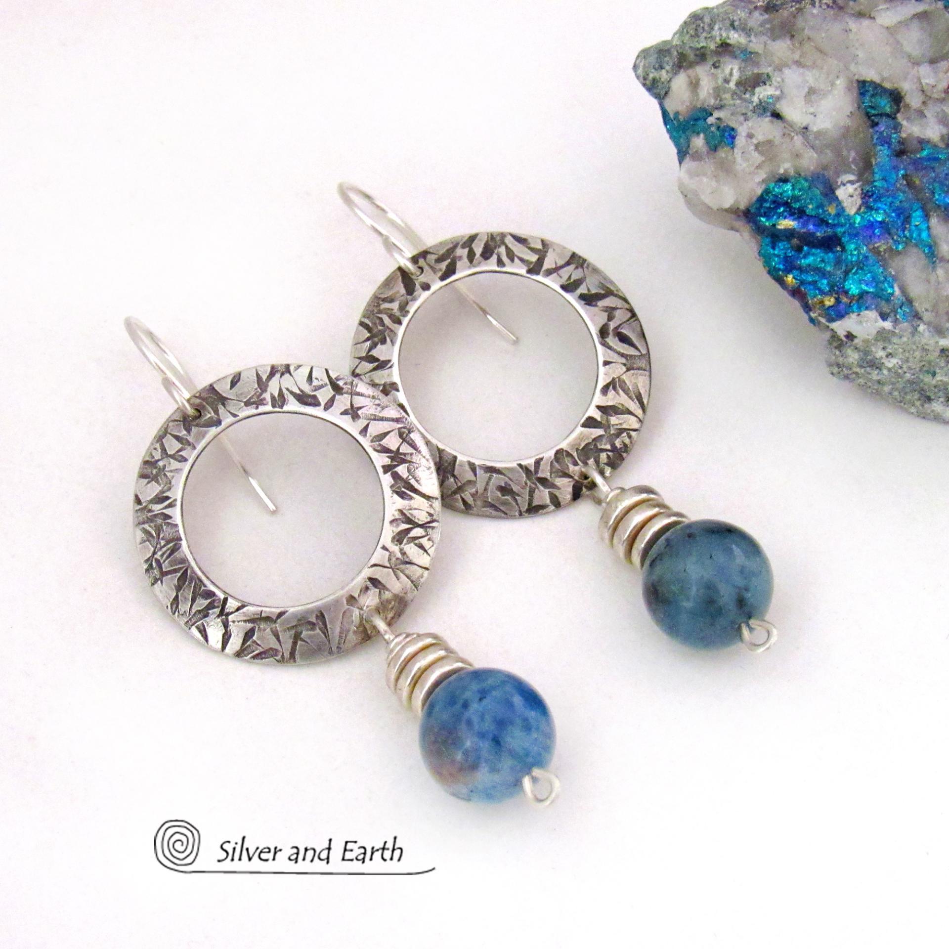 Sterling Silver Circle Hoop Earrings with Natural Blue Aquamarine Gemstones - March Birthstone Jewelry