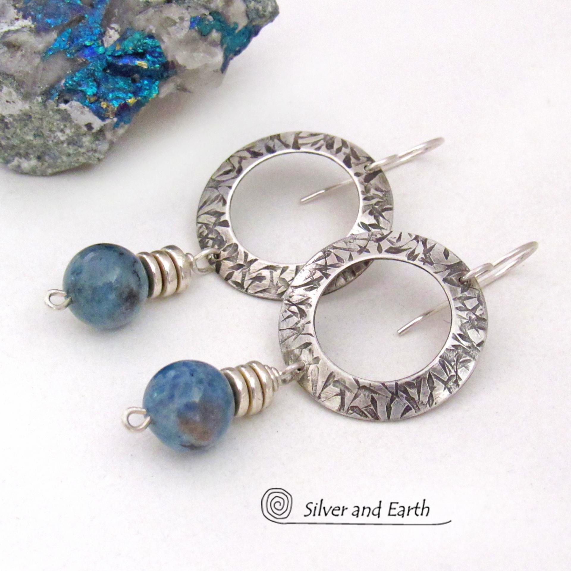 Sterling Silver Circle Hoop Earrings with Natural Blue Aquamarine Gemstones - March Birthstone Jewelry