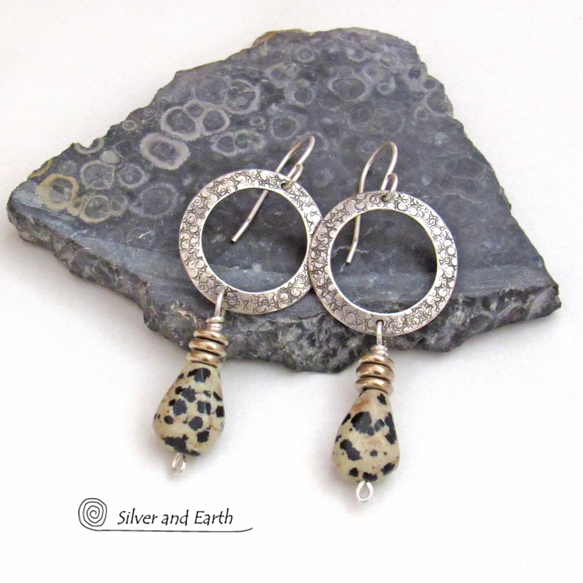 Sterling Silver Circle Hoop Earrings with Dalmatian Jasper Stones - Earthy Natural Gemstone Jewelry