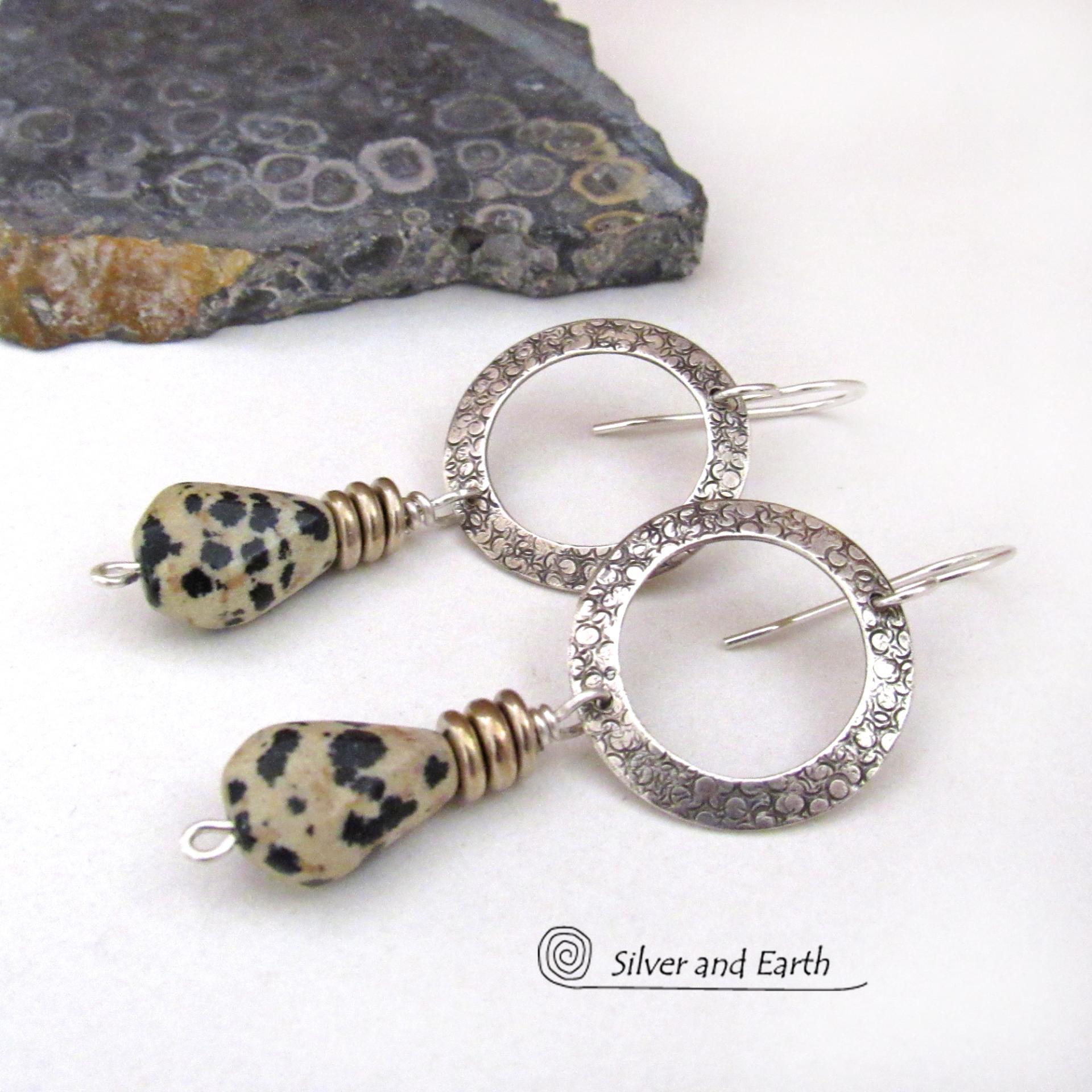 Sterling Silver Circle Hoop Earrings with Dalmatian Jasper Stones - Earthy Natural Gemstone Jewelry