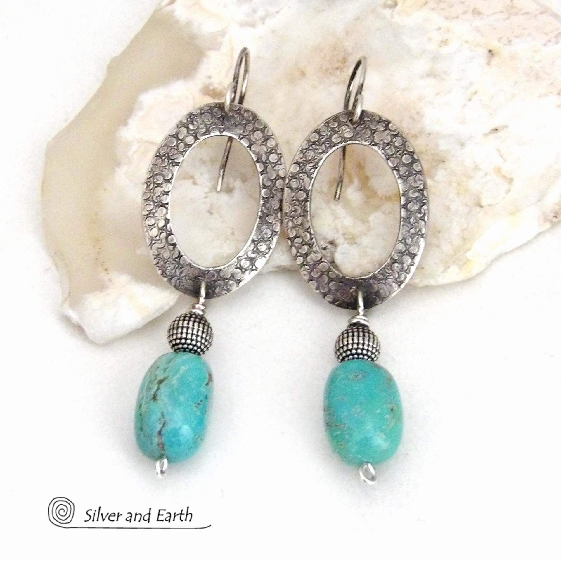 Hand Stamped Sterling Silver Oval Hoop Dangle Earrings with Natural Turquoise Stones