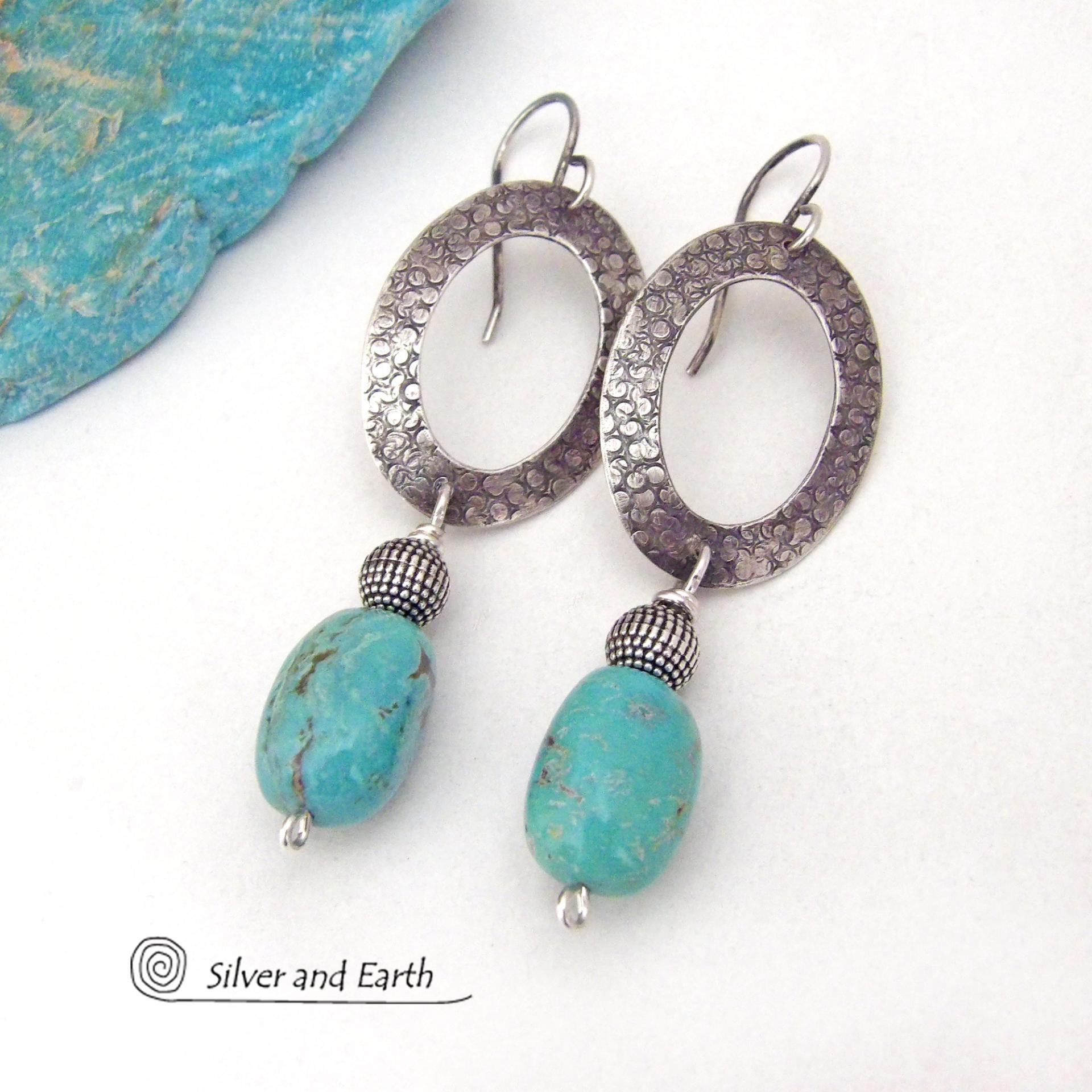 Hand Stamped Sterling Silver Oval Hoop Dangle Earrings with Natural Turquoise Stones