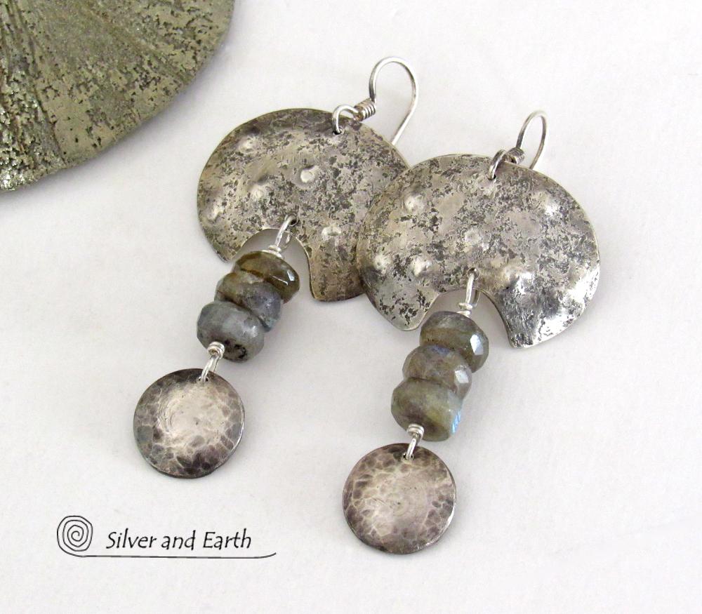 Sterling Silver Earrings with Faceted Labradorite Gemstones - Rustic Edgy Organic Tribal Style Jewelry