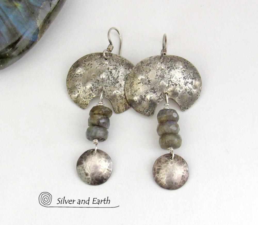 Sterling Silver Earrings with Faceted Labradorite Gemstones - Rustic Edgy Organic Tribal Style Jewelry