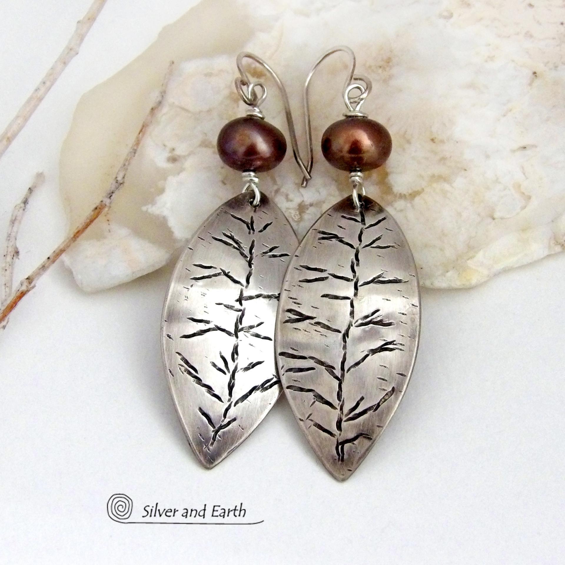 Sterling Silver Leaf Earrings with Bronze Freshwater Pearls - Earthy Modern Nature Jewelry