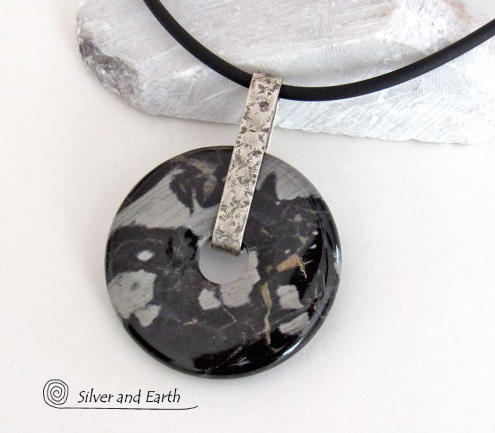 Black Silver Leaf Jasper & Sterling Silver Pendant Necklace - One of a Kind Earthy Natural Stone Jewelry