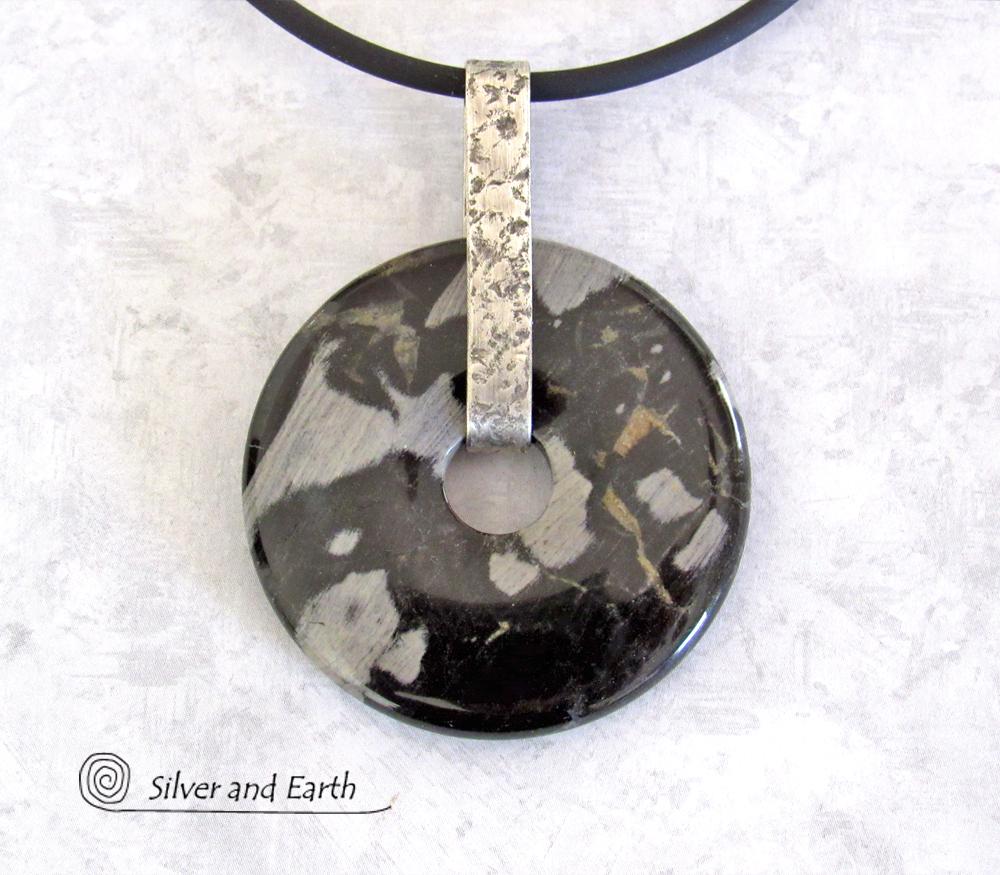 Black Silver Leaf Jasper & Sterling Silver Pendant Necklace - One of a Kind Earthy Natural Stone Jewelry