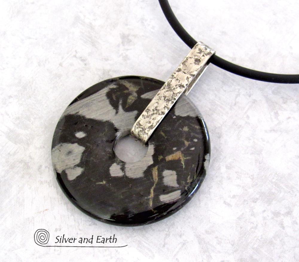 Black Silver Leaf Jasper & Sterling Silver Pendant Necklace - One of a Kind Earthy Natural Stone Jewelry