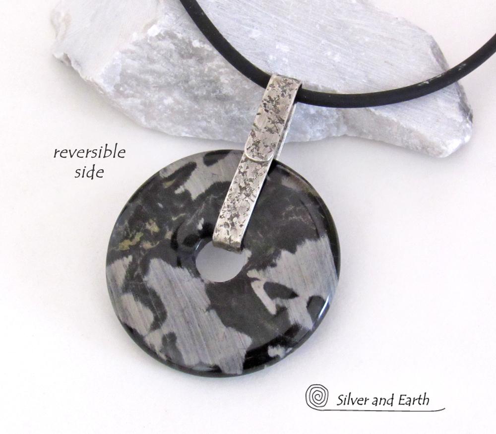 Black Silver Leaf Jasper & Sterling Silver Pendant Necklace - One of a Kind Earthy Natural Stone Jewelry