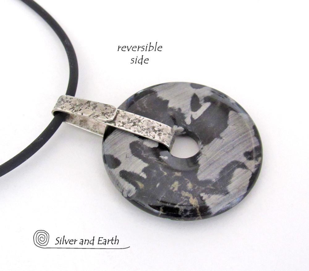 Black Silver Leaf Jasper & Sterling Silver Pendant Necklace - One of a Kind Earthy Natural Stone Jewelry