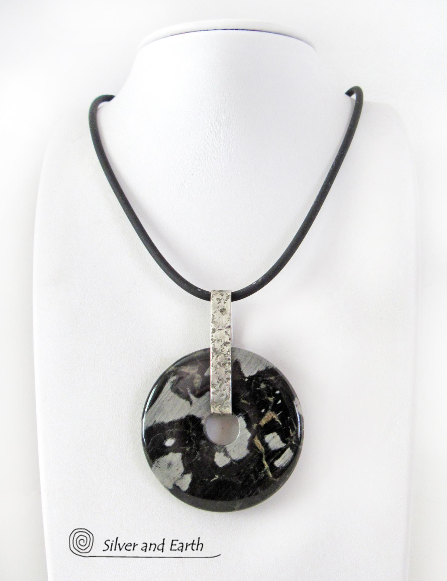 Black Silver Leaf Jasper & Sterling Silver Pendant Necklace - One of a Kind Earthy Natural Stone Jewelry