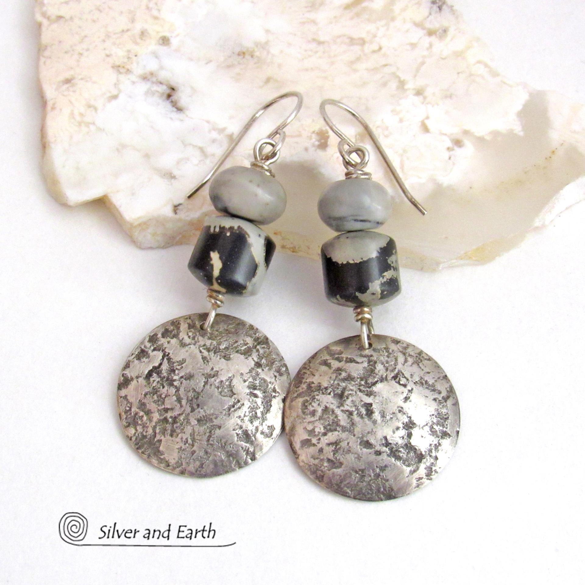 Rustic Hammered Sterling Silver Earrings with Black and Gray Jasper Stones