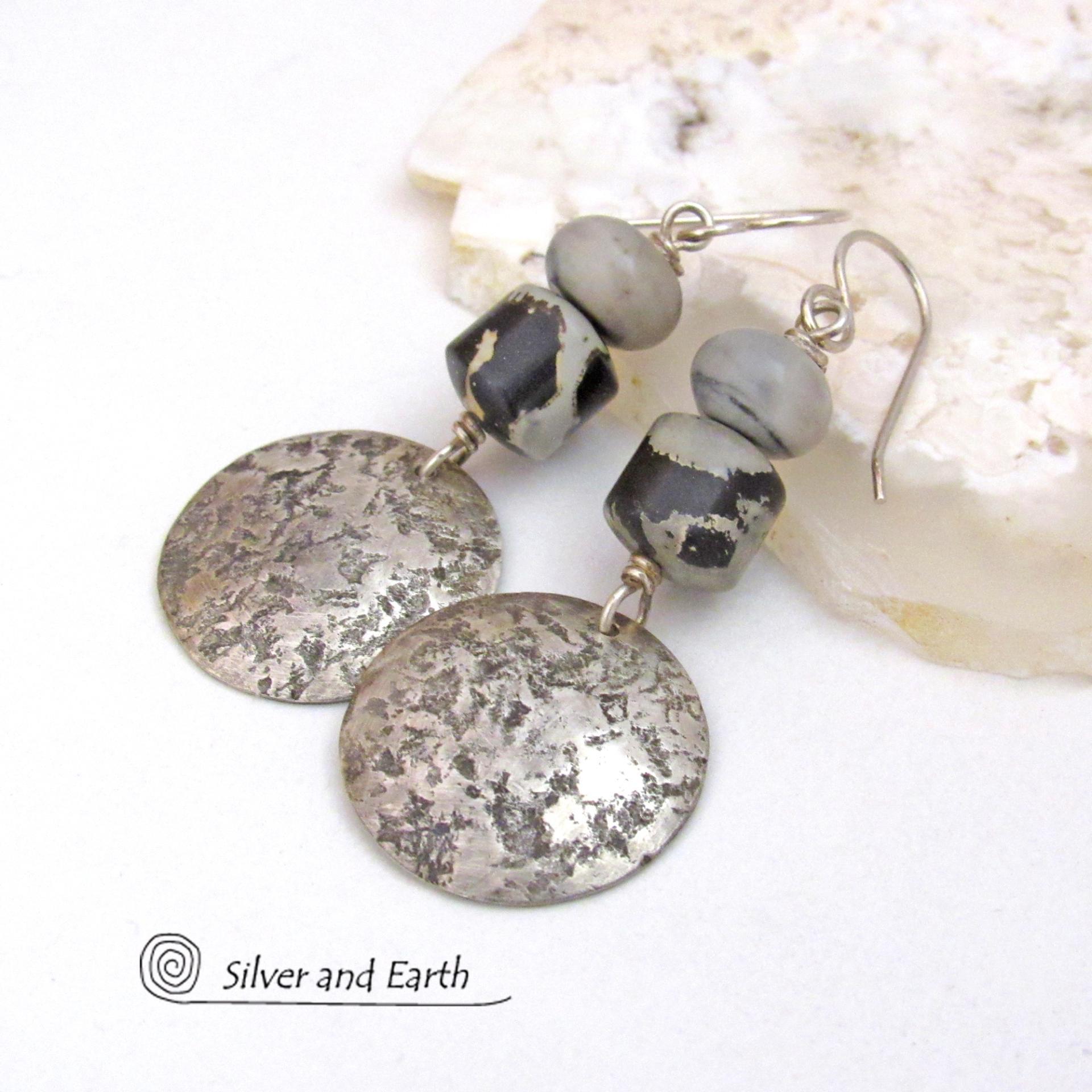 Rustic Hammered Sterling Silver Earrings with Black and Gray Jasper Stones