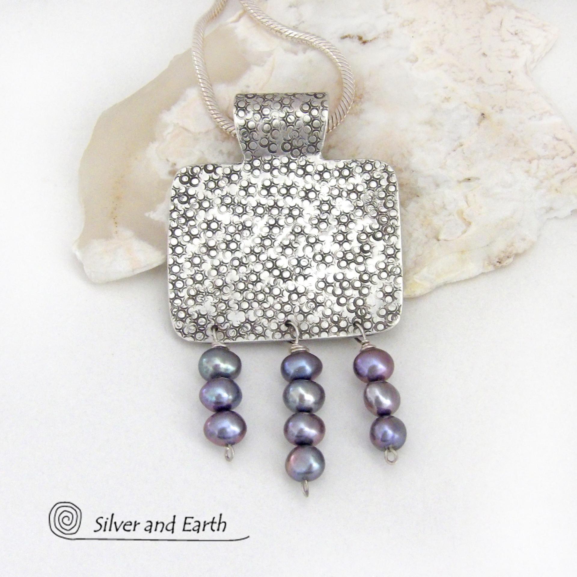 Sterling Silver Necklace with Dangling Blue Freshwater Pearls - Modern Elegant Dressy Jewelry