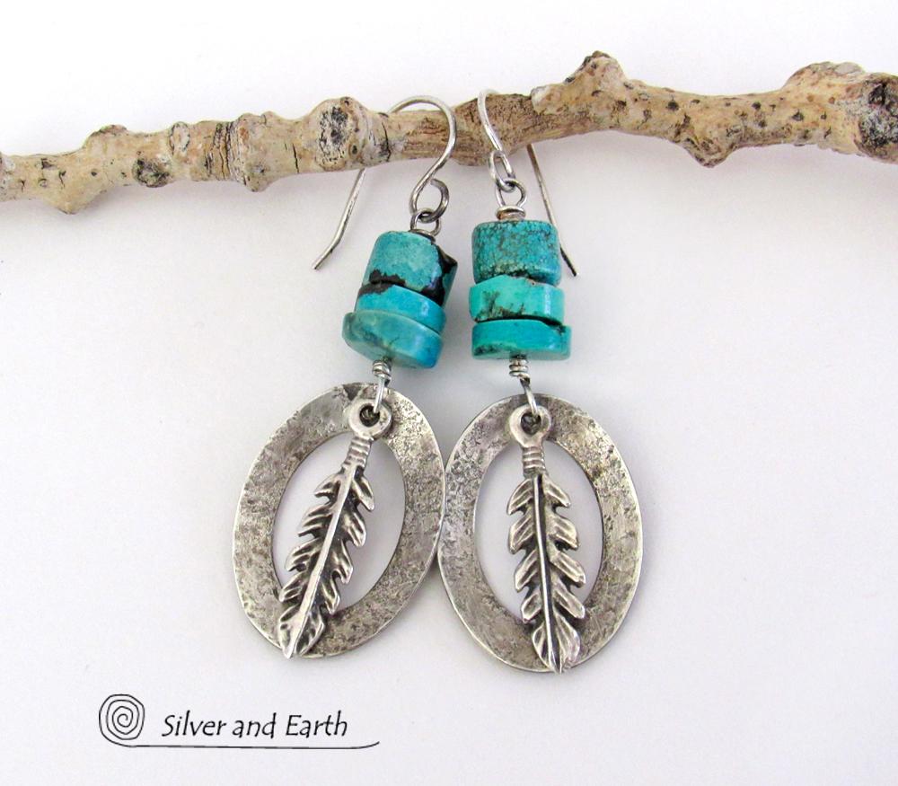 Sterling Silver Earrings with Turquoise and Feathers - Modern Southwestern Style Jewelry