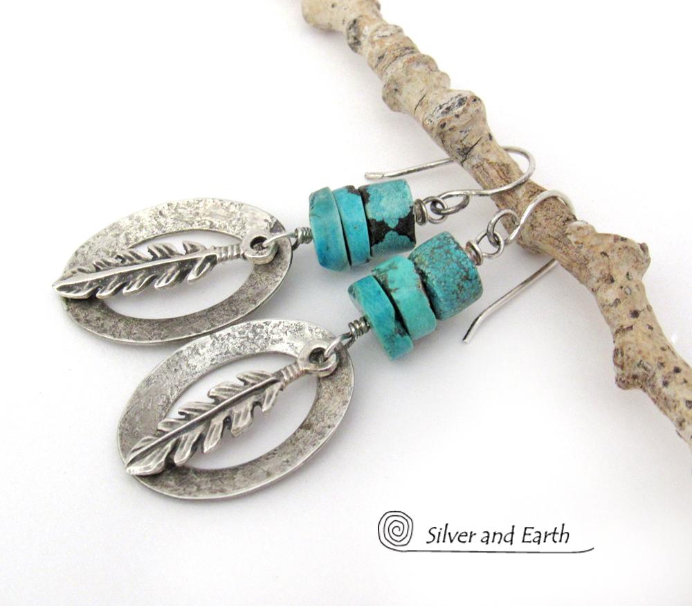 Sterling Silver Earrings with Turquoise and Feathers - Modern Southwestern Style Jewelry