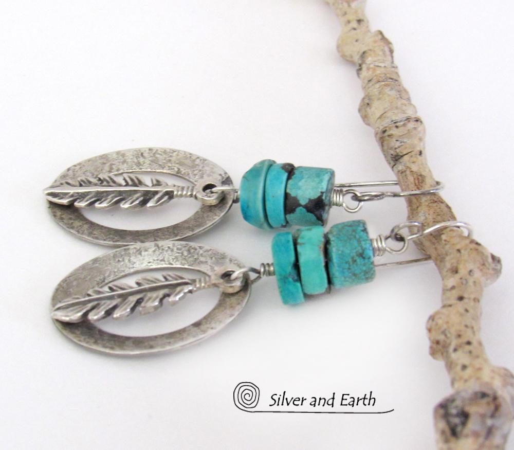 Sterling Silver Earrings with Turquoise and Feathers - Modern Southwestern Style Jewelry