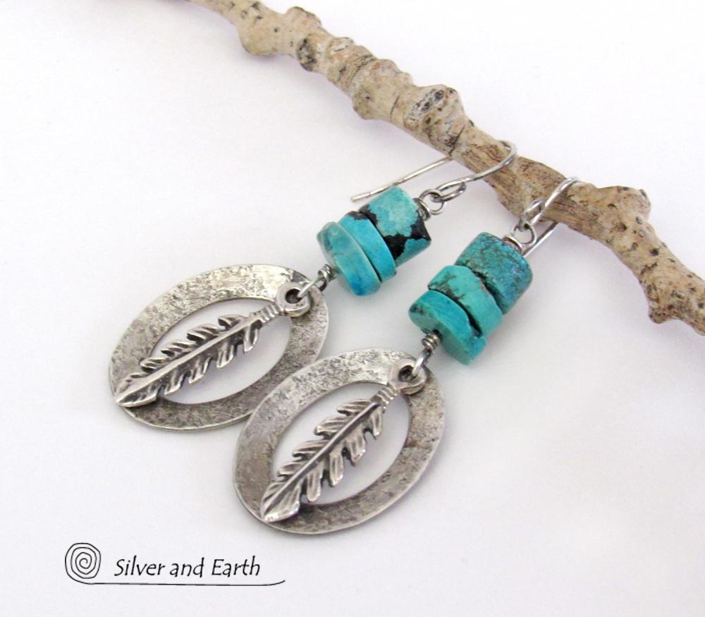 Sterling Silver Earrings with Turquoise and Feathers - Modern Southwestern Style Jewelry