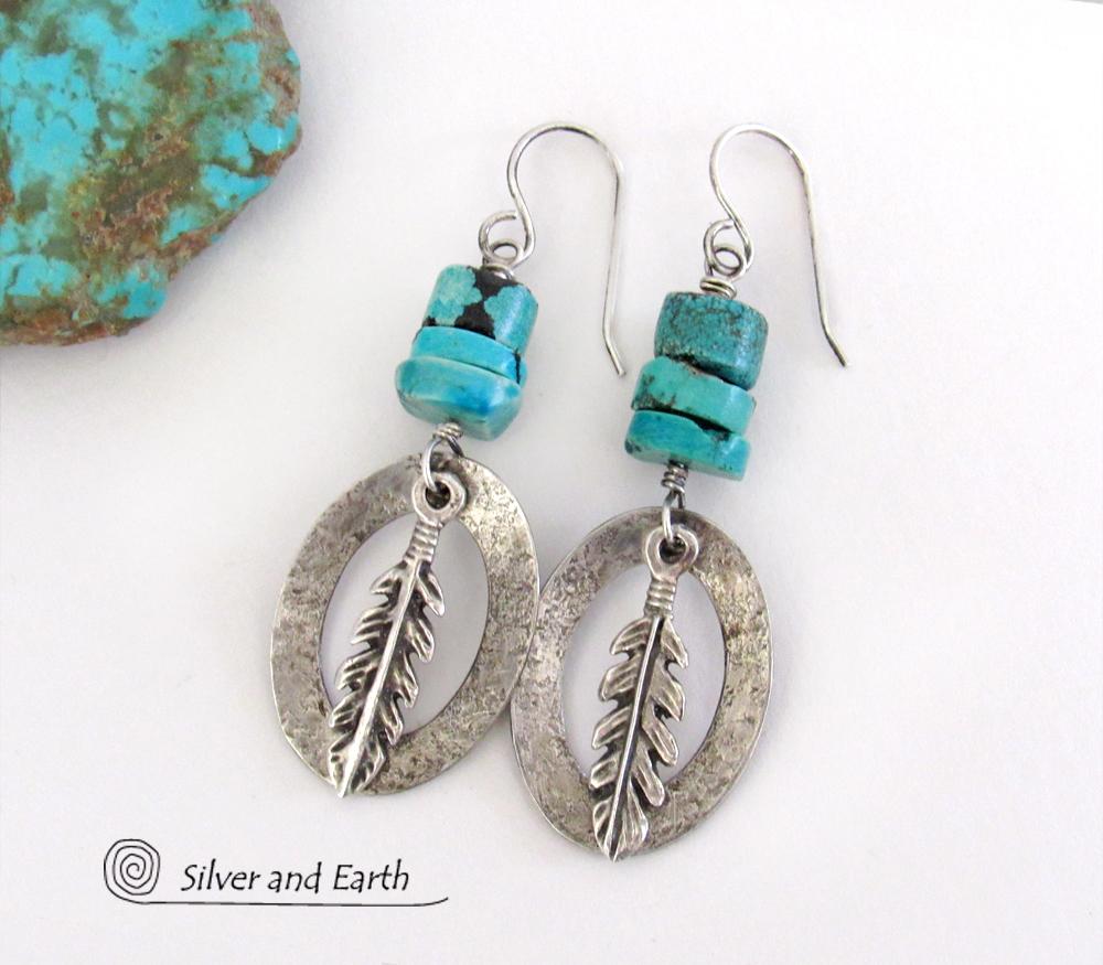 Sterling Silver Earrings with Turquoise and Feathers - Modern Southwestern Style Jewelry