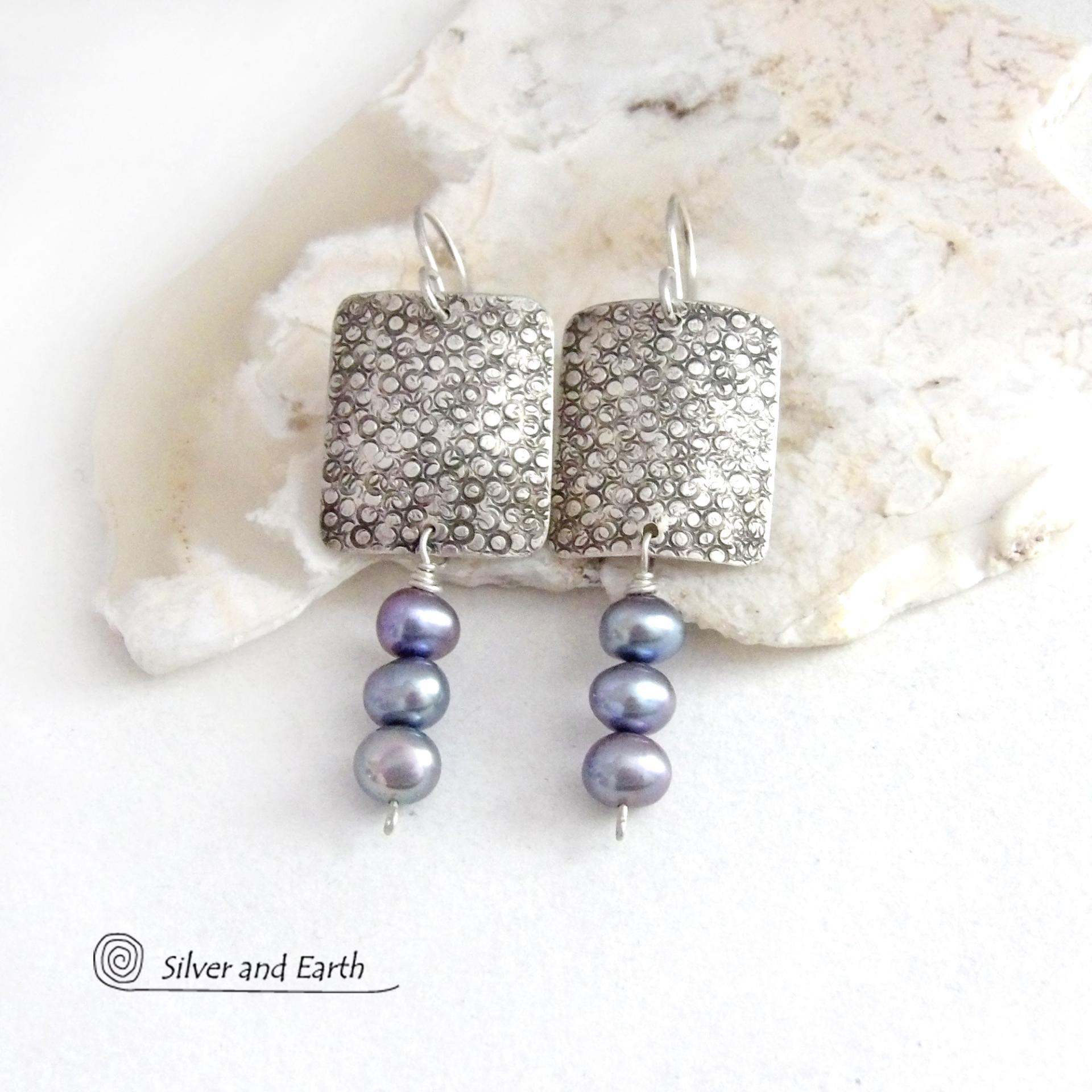Small Sterling Silver Earrings with Dangling Blue Freshwater Pearls