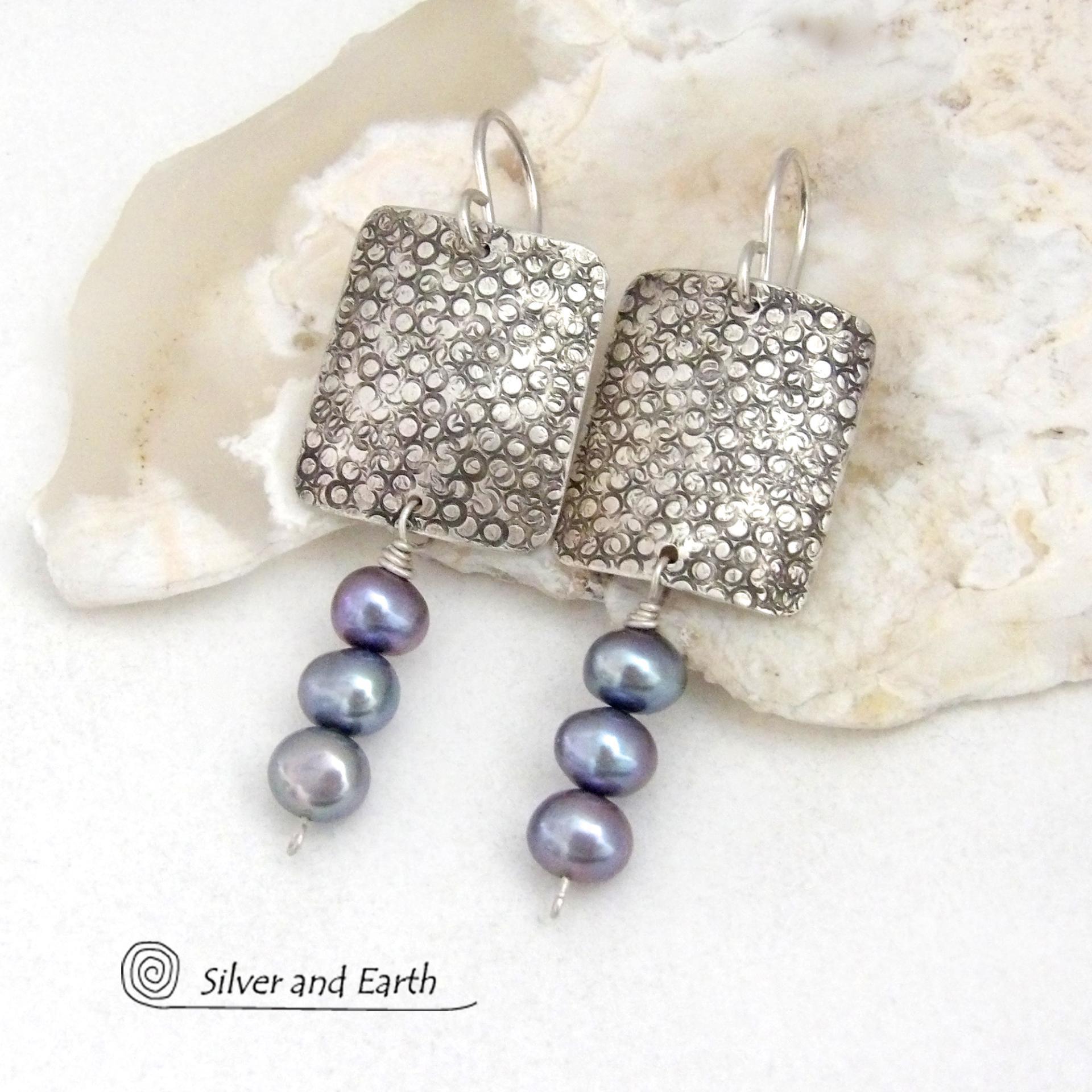 Small Sterling Silver Earrings with Dangling Blue Freshwater Pearls