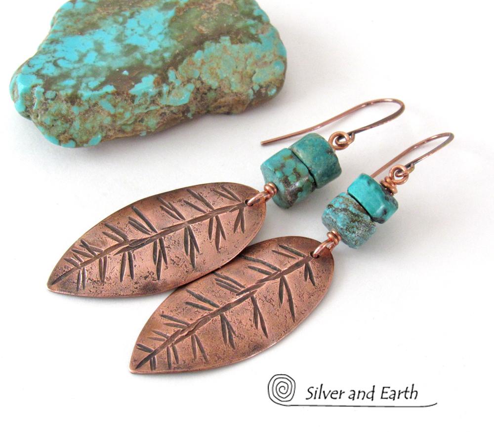 Natural Turquoise & Copper Feather Earrings - Earthy Rustic Southwest Style Jewelry