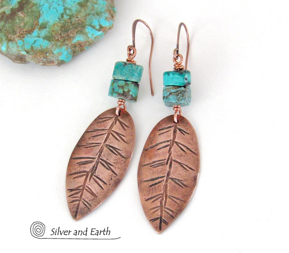 Natural Turquoise & Copper Feather Earrings - Earthy Rustic Southwest Style Jewelry