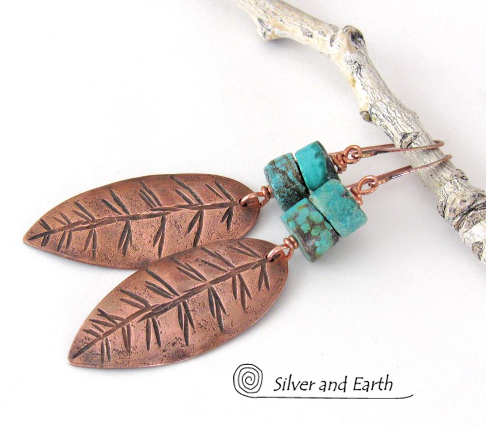 Natural Turquoise & Copper Feather Earrings - Earthy Rustic Southwest Style Jewelry