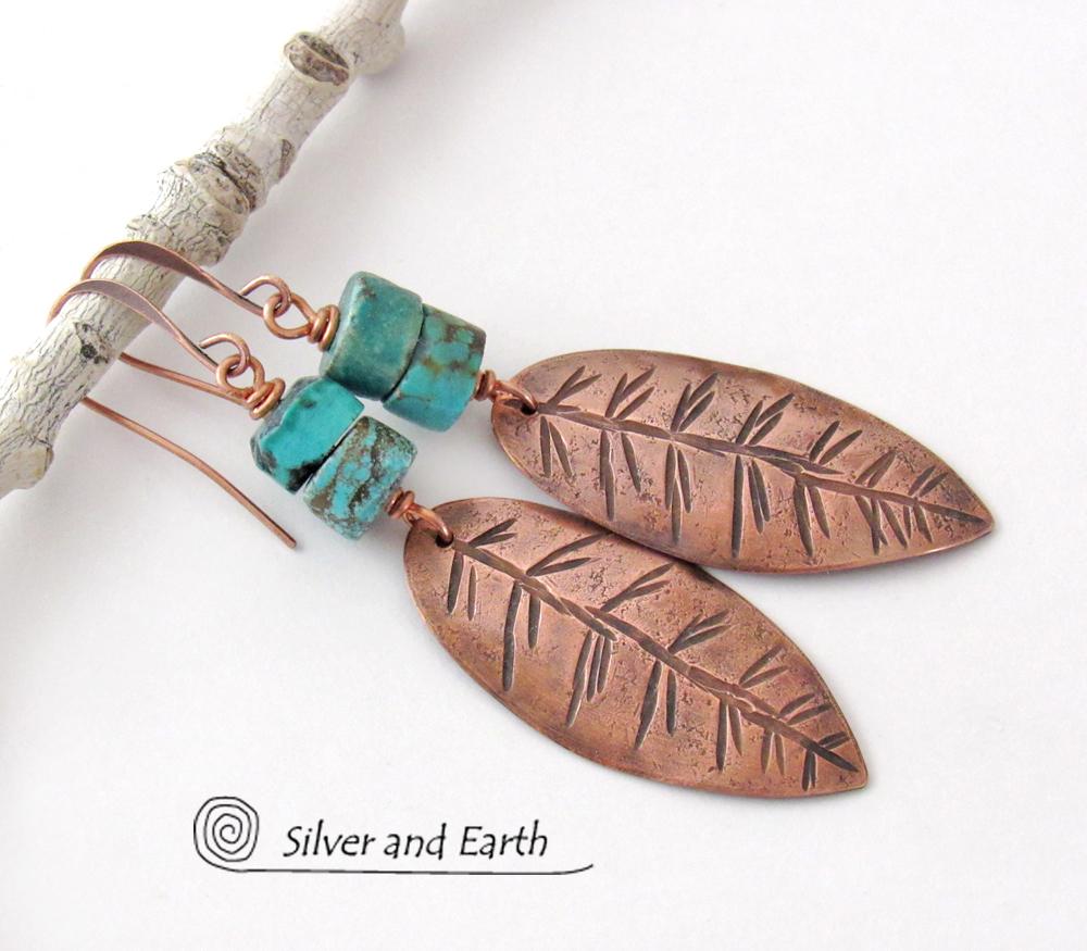 Natural Turquoise & Copper Feather Earrings - Earthy Rustic Southwest Style Jewelry