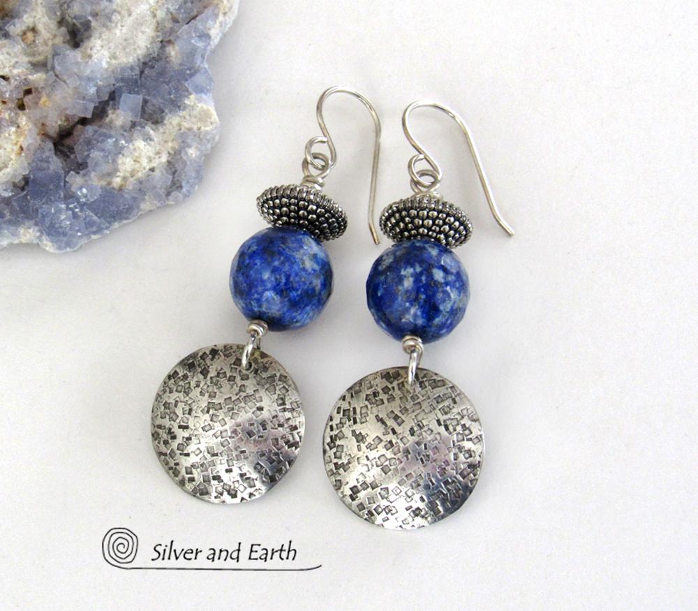 Round Textured Sterling Silver Dangle Earrings with Faceted Blue Lapis Lazuli Gemstones 