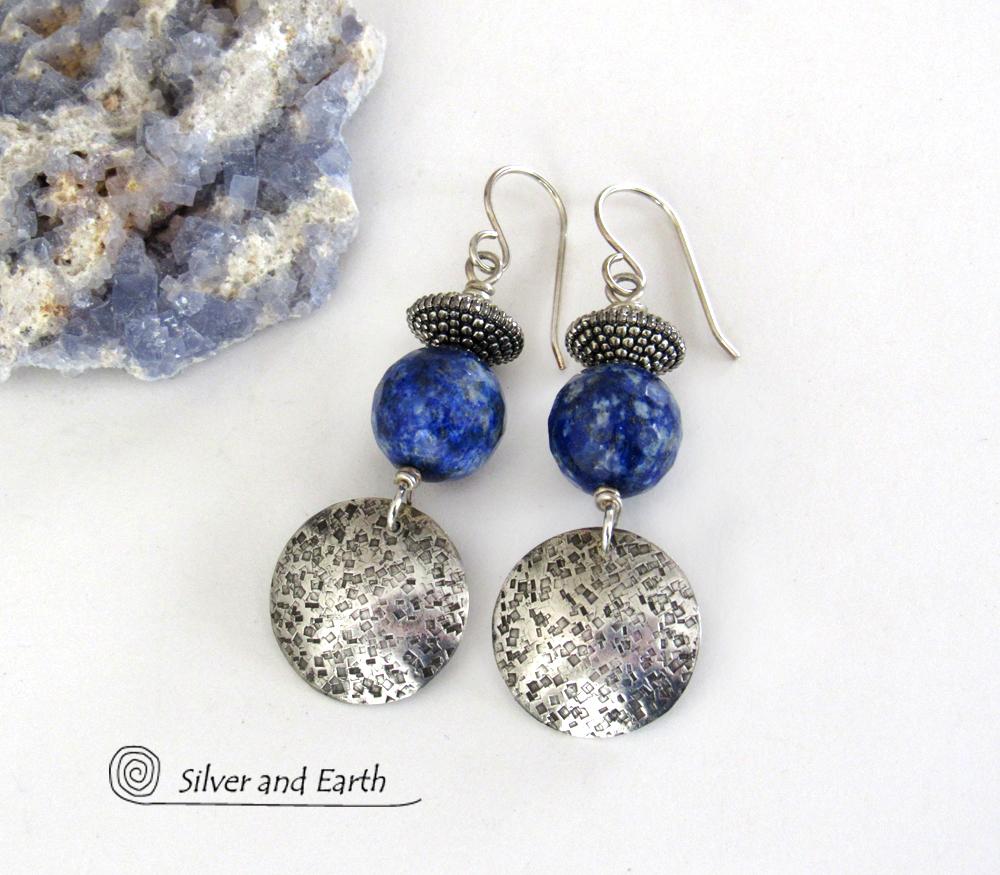 Round Textured Sterling Silver Dangle Earrings with Faceted Blue Lapis Lazuli Gemstones 