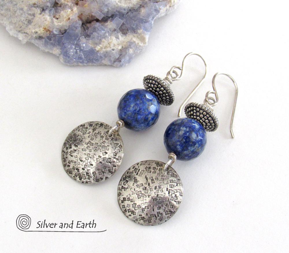 Round Textured Sterling Silver Dangle Earrings with Faceted Blue Lapis Lazuli Gemstones 