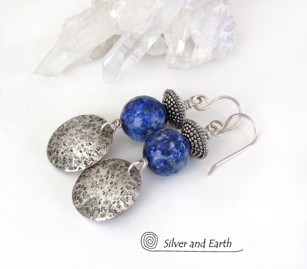 Round Textured Sterling Silver Dangle Earrings with Faceted Blue Lapis Lazuli Gemstones 