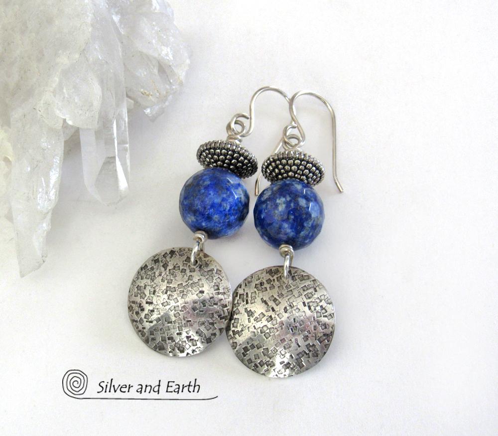 Round Textured Sterling Silver Dangle Earrings with Faceted Blue Lapis Lazuli Gemstones 