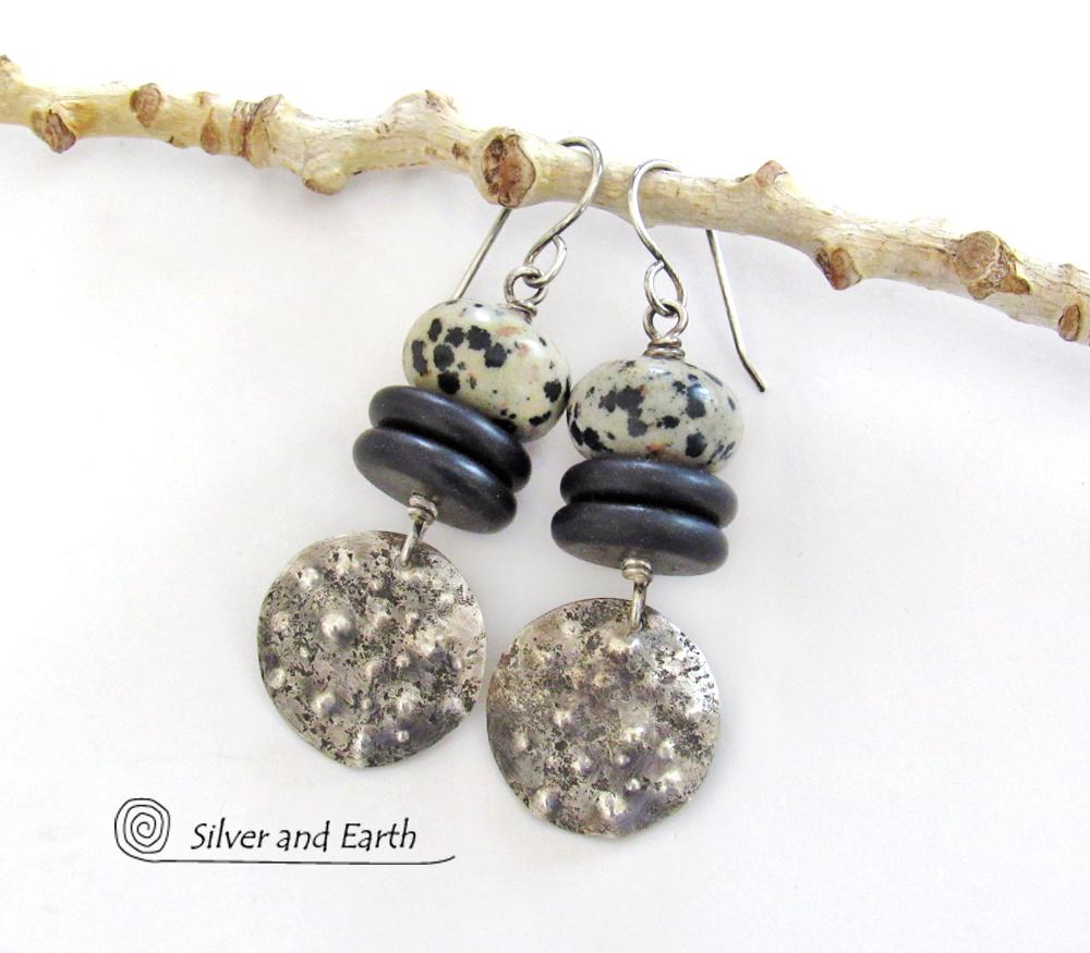 Sterling Silver Dangle Earrings with Natural Dalmatian Jasper Stones - Rustic Earthy Silver & Stone Jewelry