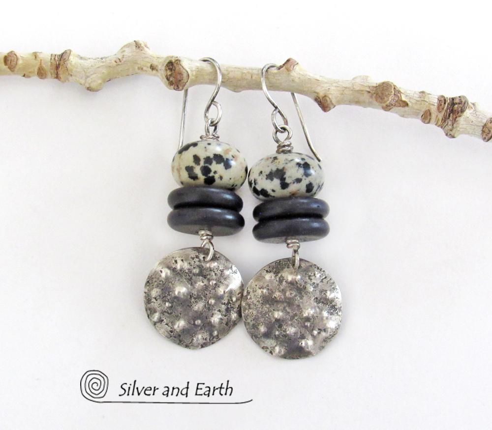 Sterling Silver Dangle Earrings with Natural Dalmatian Jasper Stones - Rustic Earthy Silver & Stone Jewelry