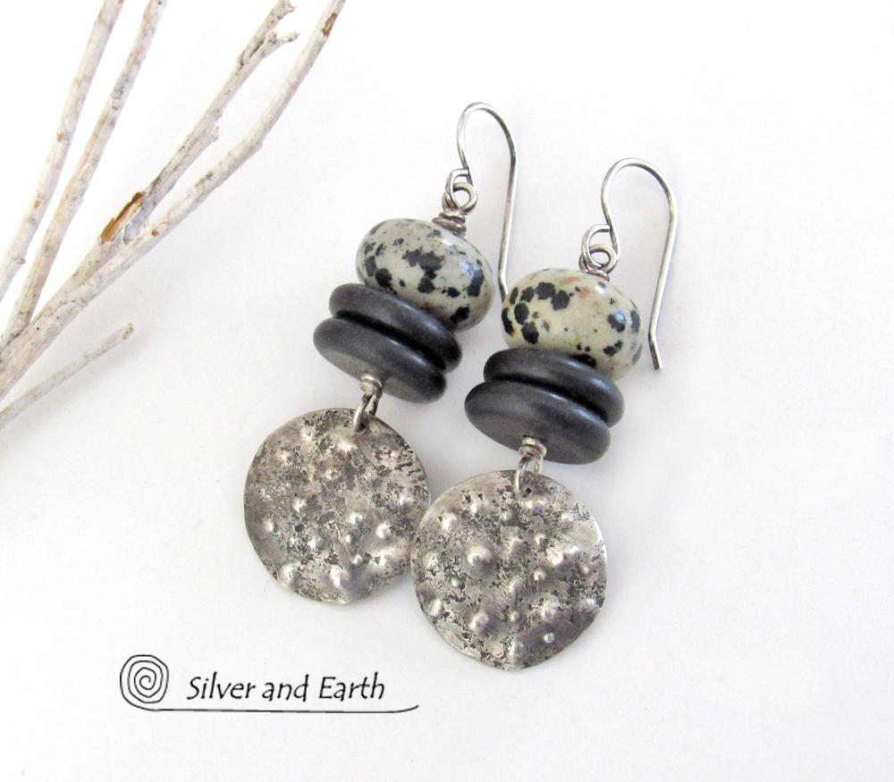 Sterling Silver Dangle Earrings with Natural Dalmatian Jasper Stones - Rustic Earthy Silver & Stone Jewelry