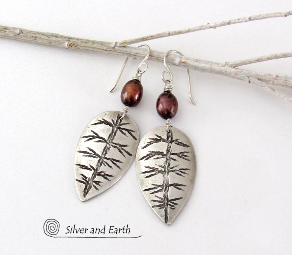 Small Sterling Silver Leaf Earrings with Bronze Pearls - Nature Jewelry