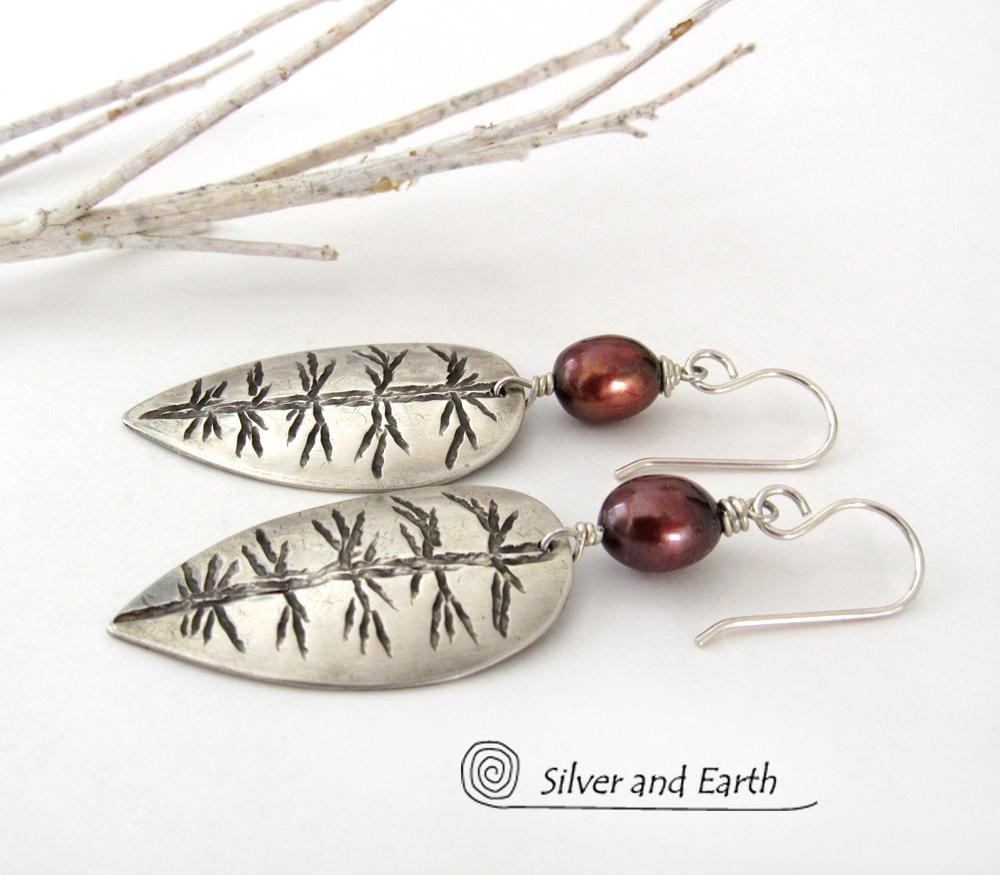 Small Sterling Silver Leaf Earrings with Bronze Pearls - Nature Jewelry