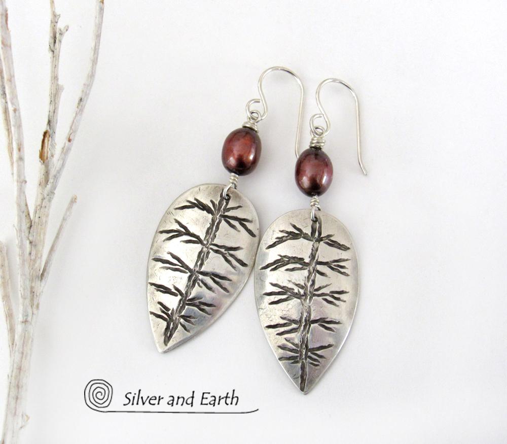 Small Sterling Silver Leaf Earrings with Bronze Pearls - Nature Jewelry